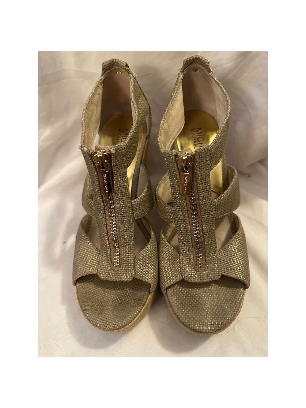 Michael Kors Women's Gold Strappy Wedge Sandal Heels Size 8